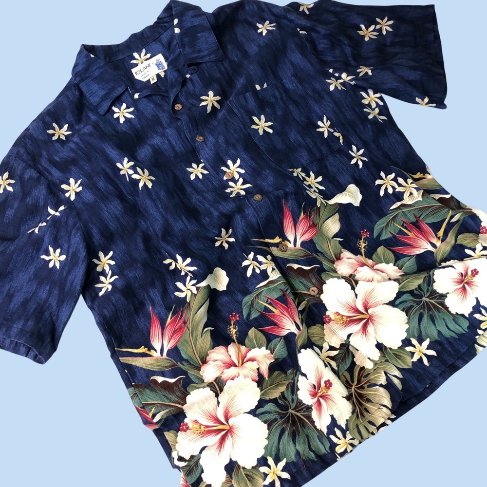 Lolani Mens XL Hawaiian Shirt Loop Collar Hibiscus Bird of Paradise Resortwear